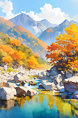 JPG 낙엽 일러스트 자연 하늘 수채화 산 사람없음 컬러풀 계곡 가을 바위 숲 국내일러스트 AI일러스트 AI콘텐츠 계절 컬러 잎 돌_바위 생태계 파일형식