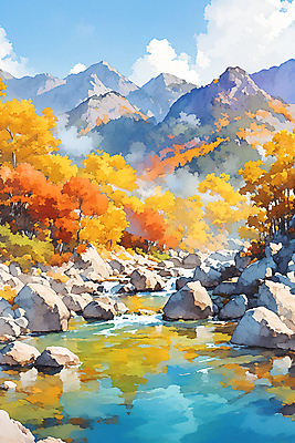 JPG 낙엽 일러스트 자연 하늘 수채화 산 사람없음 컬러풀 계곡 가을 바위 숲 국내일러스트 AI일러스트 AI콘텐츠 계절 컬러 잎 돌_바위 생태계 파일형식