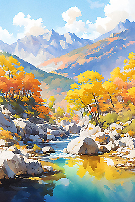 JPG 낙엽 일러스트 자연 하늘 수채화 산 사람없음 컬러풀 계곡 가을 바위 숲 국내일러스트 AI일러스트 AI콘텐츠 계절 컬러 잎 돌_바위 생태계 파일형식