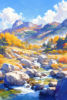 JPG 낙엽 일러스트 자연 하늘 수채화 산 사람없음 컬러풀 계곡 가을 바위 숲 국내일러스트 AI일러스트 AI콘텐츠 계절 컬러 잎 돌_바위 생태계 파일형식