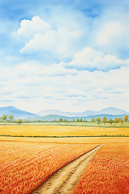 JPG 나무 길 일러스트 자연 하늘 산 초원 사람없음 빨간색 가을풍경 시골 감성 국내일러스트 AI일러스트 AI콘텐츠 식물 컬러 컨셉 풍경 생태계 파일형식 가을_계절