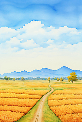 JPG 나무 길 일러스트 자연 하늘 산 초원 사람없음 노란색 가을풍경 시골 감성 국내일러스트 AI일러스트 AI콘텐츠 식물 컬러 컨셉 풍경 생태계 파일형식 가을_계절