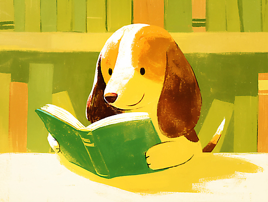 PSD 포스터 일러스트 동화 사람없음 초록색 독서 귀여움 도서관 강아지 읽기 동화책 팬시 개캐릭터 감성 국내일러스트 교육 컬러 동물캐릭터 컨셉 모션 책 반려동물 개 파일형식