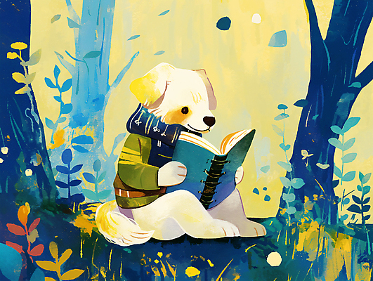 PSD 포스터 일러스트 동화 사람없음 파란색 독서 귀여움 가을 강아지 숲 읽기 동화책 팬시 개캐릭터 감성 국내일러스트 계절 컬러 동물캐릭터 컨셉 모션 책 반려동물 개 파일형식