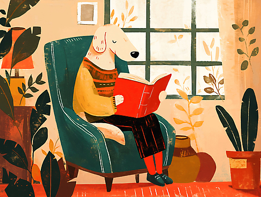 PSD 포스터 화분 화초 일러스트 동화 사람없음 독서 귀여움 주황색 가을 강아지 읽기 동화책 안락의자 팬시 개캐릭터 감성 국내일러스트 식물 계절 컬러 동물캐릭터 컨셉 의자 모션 책 반려동물 개 파일형식