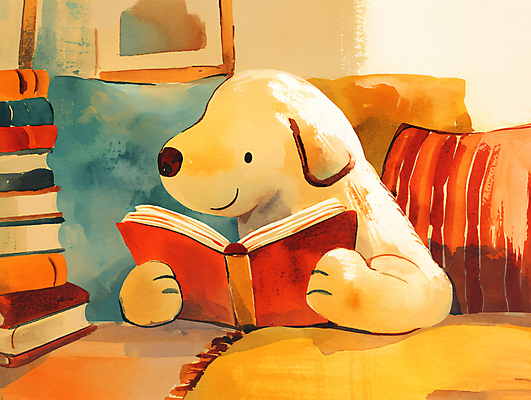 PSD 포스터 일러스트 동화 사람없음 빨간색 독서 귀여움 강아지 읽기 동화책 팬시 개캐릭터 감성 국내일러스트 컬러 동물캐릭터 컨셉 모션 책 반려동물 개 파일형식