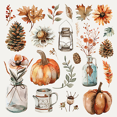 열매 꽃 단풍 스티커 낙엽 일러스트 호박 주전자 사람없음 세트 가을 랜턴 병 오브젝트 솔방울 감성 엘리먼트 국내일러스트 AI파일 식물 식기 계절 컨셉 잎 채소 주방용품 조명 파일형식 벡터