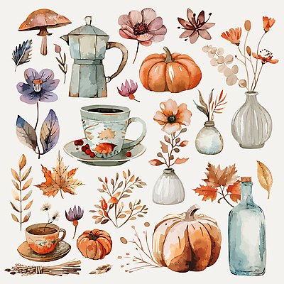 열매 꽃 커피 단풍 스티커 낙엽 일러스트 호박 사람없음 세트 버섯 가을 병 커피잔 커피포트 오브젝트 감성 엘리먼트 국내일러스트 AI파일 식물 식기 계절 음료 컨셉 잎 채소 주전자 잔 파일형식 벡터