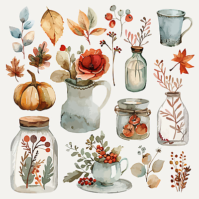 열매 꽃 단풍 스티커 낙엽 일러스트 호박 주전자 사람없음 세트 가을 병 오브젝트 감성 엘리먼트 국내일러스트 AI파일 식물 식기 계절 컨셉 잎 채소 주방용품 파일형식 벡터