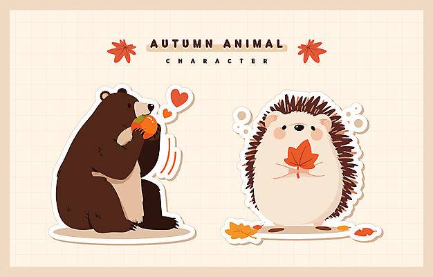 동물캐릭터 낙엽 일러스트 곰 감 사람없음 귀여움 가을 먹기 오브젝트 고슴도치 베이지색 일러캐릭터 AI파일 동물 캐릭터 계절 컬러 컨셉 잎 과일 포유류 모션 파일형식 벡터