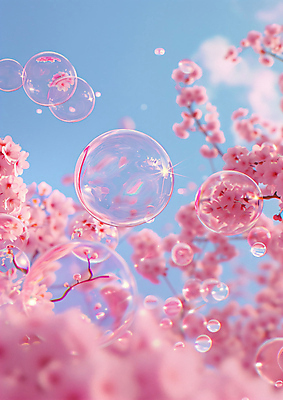 JPG 편집이미지 분홍색 하늘 꽃나무 사람없음 비눗방울 감성 버블 편집실사 AI컴퓨터그래픽 AI콘텐츠 나무 꽃 컬러 컨셉 CG 파일형식