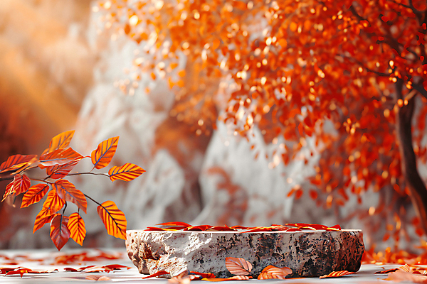 JPG 편집이미지 낙엽 자연 사람없음 빨간색 가을풍경 무대 가을 돌_바위 디지털합성 단상 편집실사 AI포토 AI콘텐츠 계절 컬러 잎 풍경 CG 생태계 파일형식 가을_계절