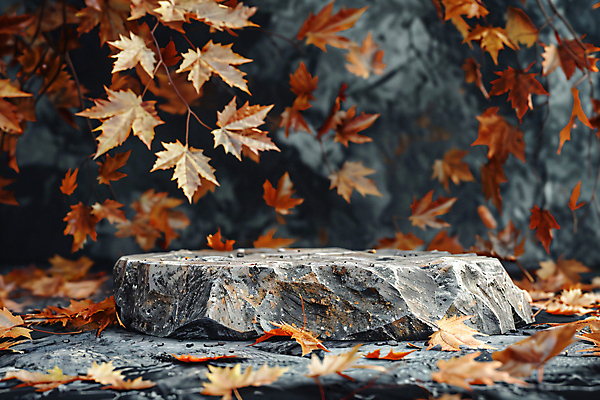 JPG 편집이미지 단풍 낙엽 자연 사람없음 가을풍경 회색 무대 가을 돌_바위 디지털합성 단상 편집실사 AI포토 AI콘텐츠 계절 컬러 잎 풍경 CG 생태계 파일형식 가을_계절