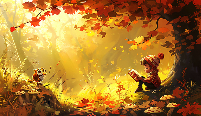 JPG 나무 남자 어린이 단풍 낙엽 일러스트 조류 동화 한명 소년 독서 주황색 버섯 가을 신비 읽기 동화책 소년한명만 국내일러스트 AI일러스트 AI콘텐츠 식물 동물 1 계절 컬러 컨셉 잎 모션 사람 책 남자한명만 소년만 파일형식
