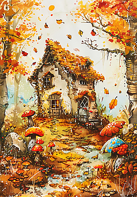 JPG 나무 단풍 낙엽 일러스트 동화 주택 사람없음 주황색 버섯 가을 신비 국내일러스트 AI일러스트 AI콘텐츠 식물 계절 컬러 컨셉 잎 건물 파일형식