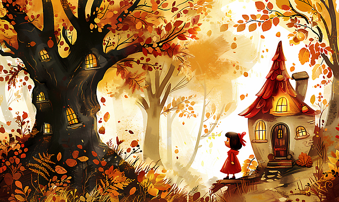 JPG 나무 여자 어린이 단풍 낙엽 일러스트 동화 주택 한명 소녀 주황색 가을 신비 소녀한명만 국내일러스트 AI일러스트 AI콘텐츠 식물 1 계절 컬러 컨셉 잎 사람 건물 여자한명만 소녀만 파일형식