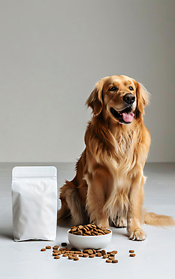 JPG 편집이미지 디자인 사람없음 갈색 귀여움 개 리트리버 패키지 개밥그릇 개사료 카피스페이스 편집실사 AI포토 AI콘텐츠 그릇 컬러 컨셉 포유류 공백 먹이 CG 애견용품 파일형식