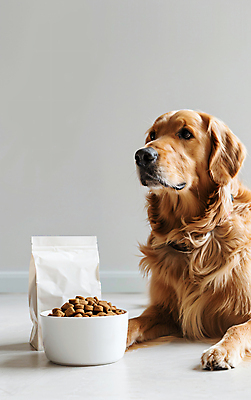 JPG 편집이미지 디자인 사람없음 갈색 귀여움 개 리트리버 패키지 개밥그릇 개사료 카피스페이스 편집실사 AI포토 AI콘텐츠 그릇 컬러 컨셉 포유류 공백 먹이 CG 애견용품 파일형식