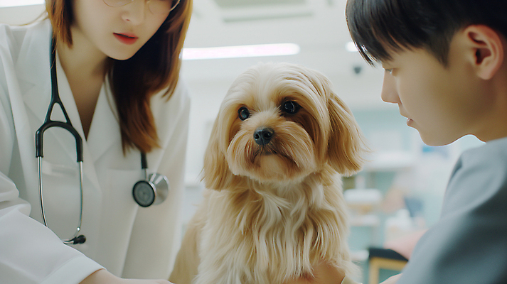 JPG 동물 편집이미지 여자 남자 청진기 병원 성인 두명 진료 의사가운 강아지 상담 동물병원 수의사 입원 의료성형뷰티 성인만 편집실사 AI인물포토 AI콘텐츠 의학 의료기기 사람 반려동물 의사 가운 개 CG 파일형식 AI포토