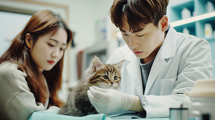 JPG 동물 편집이미지 여자 남자 병원 성인 두명 고양이 진료 의사가운 수술장갑 동물병원 수의사 입원 의료성형뷰티 성인만 편집실사 AI인물포토 AI콘텐츠 장갑 포유류 의학 사람 반려동물 의사 가운 CG 파일형식 AI포토