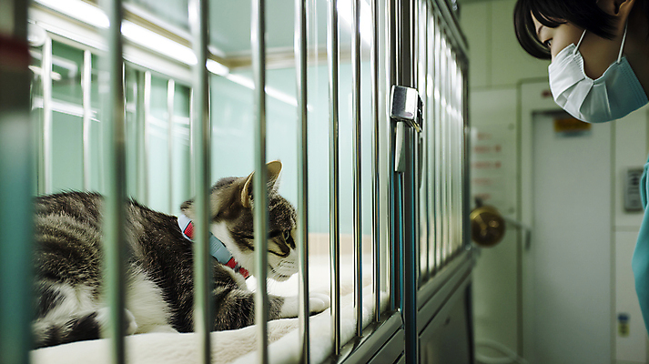 JPG 동물 편집이미지 여자 병원 마스크 한명 성인 고양이 목줄 동물병원 수의사 입원 철창 케이지 의료성형뷰티 성인여자한명만 편집실사 AI인물포토 AI콘텐츠 1 포유류 의학 사람 반려동물 의사 CG 여자한명만 성인여자만 파일형식 반려용품 AI포토