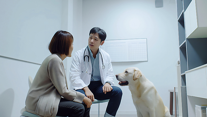 JPG 동물 편집이미지 여자 남자 의자 청진기 병원 성인 두명 의사가운 강아지 상담 동물병원 수의사 입원 의료성형뷰티 성인만 편집실사 AI인물포토 AI콘텐츠 가구 의학 의료기기 사람 반려동물 의사 가운 개 CG 파일형식 AI포토