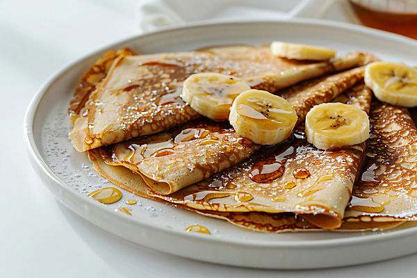 JPG 편집이미지 접시 식탁 바나나 사람없음 식탁보 달콤 디지털합성 시럽 슈가파우더 크레페 편집실사 AI포토 AI콘텐츠 식기 과일 탁자 디저트 맛 CG 파일형식