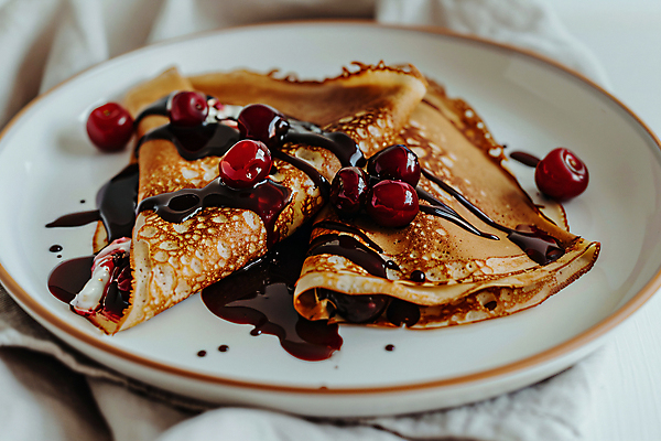 JPG 편집이미지 접시 사람없음 초콜릿 식탁보 체리 달콤 디지털합성 시럽 크레페 편집실사 AI포토 AI콘텐츠 식기 과일 디저트 맛 CG 파일형식