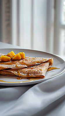 JPG 편집이미지 접시 사람없음 식탁보 커튼 달콤 디지털합성 시럽 망고 크레페 편집실사 AI포토 AI콘텐츠 식기 디저트 맛 CG 열대과일 파일형식