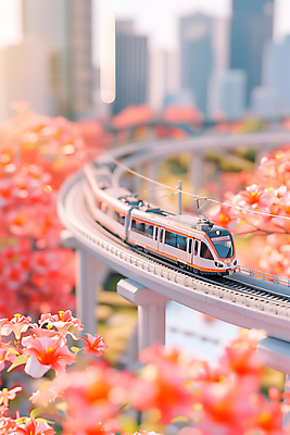JPG 편집이미지 꽃 여행 빌딩 사람없음 장난감 모형 봄 기찻길 미니어처 기차 도시 기차모형 가교 편집실사 AI포토 AI콘텐츠 식물 건축물 계절 육상교통 대중교통 건물 CG 파일형식