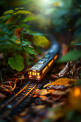 JPG 편집이미지 여행 낙엽 사람없음 빛 장난감 모형 어둠 기찻길 미니어처 기차 풀 숲 기차모형 편집실사 AI포토 AI콘텐츠 식물 육상교통 잎 대중교통 CG 파일형식