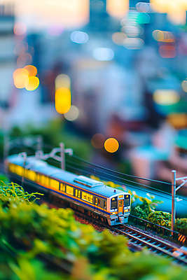 JPG 편집이미지 사람없음 장난감 모형 기찻길 미니어처 기차 도시 풀 보케 기차모형 편집실사 AI포토 AI콘텐츠 식물 육상교통 대중교통 CG 파일형식