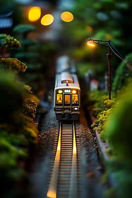 JPG 편집이미지 가로등 사람없음 빛 장난감 모형 기찻길 미니어처 기차 야간 숲 기차모형 편집실사 AI포토 AI콘텐츠 자연요소 공공시설 육상교통 대중교통 CG 파일형식