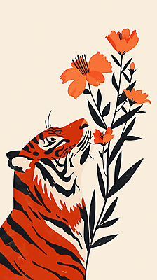 한마리 꽃 야생동물 일러스트 사람없음 주황색 호랑이 향기 심플 멸종위기동물 국내일러스트 멸종위기종 AI파일 식물 동물 1 컬러 포유류 냄새 파일형식 벡터