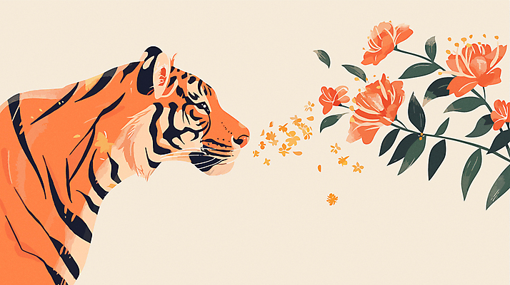 한마리 꽃 야생동물 일러스트 사람없음 주황색 호랑이 향기 심플 멸종위기동물 국내일러스트 멸종위기종 AI파일 식물 동물 1 컬러 포유류 냄새 파일형식 벡터
