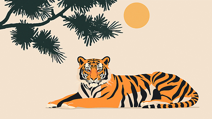 한마리 야생동물 엎드리기 일러스트 휴식 사람없음 태양 주황색 소나무 호랑이 심플 멸종위기동물 국내일러스트 멸종위기종 AI파일 자연요소 나무 동물 1 컬러 컨셉 포유류 모션 파일형식 벡터
