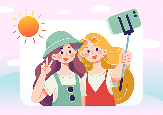 구름 모자 여자 행복 일러스트 상반신 성인 두명 친구 스마트폰 선글라스 태양 촬영 셀프카메라 브이 셀카봉 소셜네트워크 성인여자만 인증샷 국내일러스트 AI파일 자연요소 잡화 감정 안경 관계 사람 손짓 핸드폰 스마트기기 사진촬영 인증 합성어 여자만 성인만 파일형식 벡터