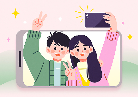 커플 여자 남자 행복 분홍색 데이트 일러스트 미소 상반신 성인 두명 반짝임 스마트폰 손들기 촬영 셀프카메라 브이 소셜네트워크 성인만 인증샷 국내일러스트 AI파일 감정 컬러 관계 모션 표정 사람 손짓 핸드폰 스마트기기 사진촬영 인증 합성어 파일형식 벡터
