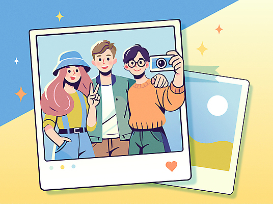 여자 남자 행복 하늘색 일러스트 상반신 성인 세명 친구 노란색 카메라 촬영 셀프카메라 주머니손 브이 테이프 폴라로이드사진 소셜네트워크 성인만 어깨에손 인증샷 국내일러스트 AI파일 감정 컬러 관계 모션 문구용품 사람 손짓 파란색 전자제품 사진촬영 폴라로이드 인증 합성어 파일형식 벡터