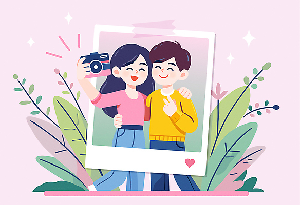 커플 여자 남자 행복 분홍색 허리손 잎 데이트 일러스트 미소 상반신 성인 두명 반짝임 카메라 사진촬영 풀 셀프카메라 브이 테이프 폴라로이드사진 소셜네트워크 성인만 인증샷 국내일러스트 AI파일 식물 감정 컬러 포즈 관계 모션 문구용품 표정 사람 손짓 전자제품 촬영 폴라로이드 인증 합성어 파일형식 벡터