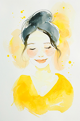 JPG 여자 행복 감정 일러스트 수채화 한명 미소 상반신 성인 노란색 눈감음 기쁨 그림 번짐 성인여자한명만 국내일러스트 AI일러스트 AI콘텐츠 1 컬러 모션 표정 사람 여자한명만 성인여자만 파일형식 효과