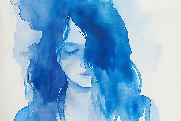 JPG 여자 감정 일러스트 수채화 한명 상반신 성인 파란색 눈감음 슬픔 그림 번짐 우울감 성인여자한명만 국내일러스트 AI일러스트 AI콘텐츠 1 컬러 모션 사람 여자한명만 성인여자만 파일형식 효과
