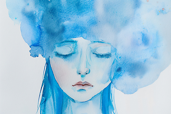 JPG 여자 감정 일러스트 수채화 한명 상반신 성인 파란색 눈감음 슬픔 그림 번짐 우울감 울상 성인여자한명만 국내일러스트 AI일러스트 AI콘텐츠 1 컬러 모션 사람 여자한명만 성인여자만 파일형식 효과