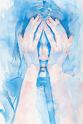 JPG 여자 감정 일러스트 수채화 한명 상반신 성인 파란색 슬픔 그림 번짐 얼굴가리기 우울감 성인여자한명만 국내일러스트 AI일러스트 AI콘텐츠 1 컬러 사람 가림 여자한명만 성인여자만 파일형식 효과