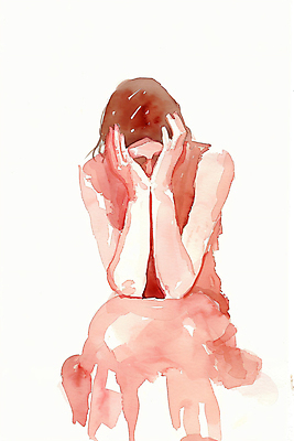 JPG 여자 감정 일러스트 수채화 스트레스 고개숙이기 한명 성인 빨간색 불안 그림 얼굴가리기 성인여자한명만 국내일러스트 AI일러스트 AI콘텐츠 1 컬러 숙이기 사람 가림 여자한명만 성인여자만 파일형식