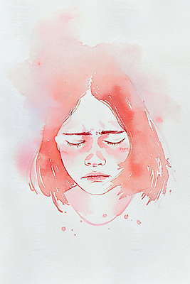 JPG 여자 감정 일러스트 수채화 스트레스 한명 상반신 성인 빨간색 눈감음 찡그림 불안 그림 번짐 성인여자한명만 국내일러스트 AI일러스트 AI콘텐츠 1 컬러 모션 표정 사람 여자한명만 성인여자만 파일형식 효과