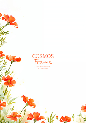 PSD 잎 꽃백그라운드 일러스트 수채화 사람없음 빨간색 가을 코스모스 꽃프레임 카피스페이스 국내일러스트 식물 계절 꽃 컬러 백그라운드 프레임 공백 파일형식