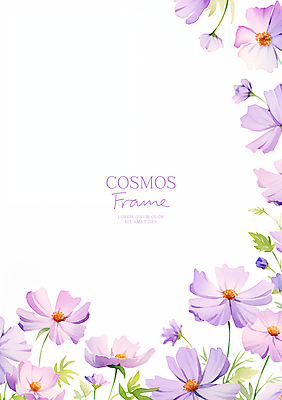 PSD 잎 꽃백그라운드 일러스트 수채화 사람없음 보라색 가을 코스모스 꽃프레임 카피스페이스 국내일러스트 식물 계절 꽃 컬러 백그라운드 프레임 공백 파일형식