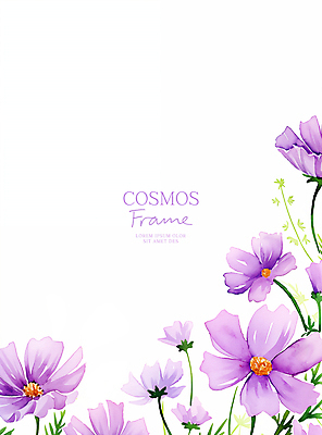 PSD 잎 꽃백그라운드 일러스트 수채화 사람없음 보라색 가을 코스모스 꽃프레임 카피스페이스 국내일러스트 식물 계절 꽃 컬러 백그라운드 프레임 공백 파일형식