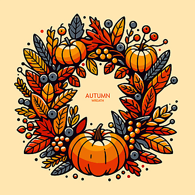 열매 줄기 단풍 낙엽 일러스트 자연 호박 나뭇잎 사람없음 장식 주황색 화환 가을 국내일러스트 AI파일 식물 계절 꽃 컬러 잎 채소 생태계 파일형식 벡터